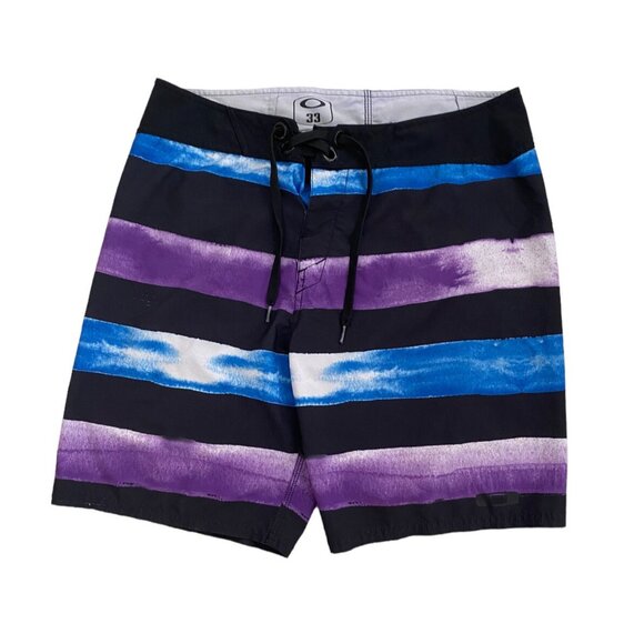 Oakley Mens Swim Trunks Multicolor Blue Black Purple Striped Back Pocket Size 33 - Picture 1 of 10
